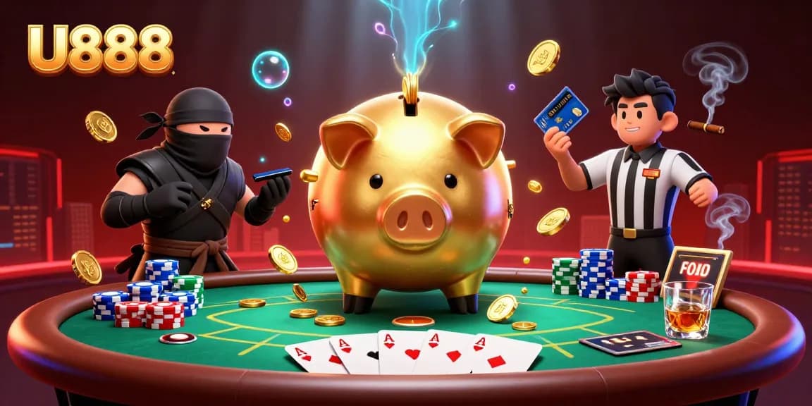 Engage with U888's dynamic casino scene featuring a golden sumo wrestler and dramatic poker elements.