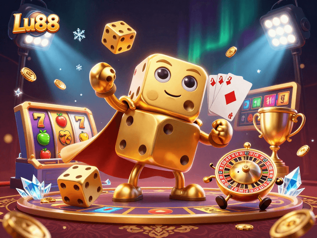 Experience thrilling slot action with Lu88's vibrant casino illustration featuring golden dice, trophies, and more.