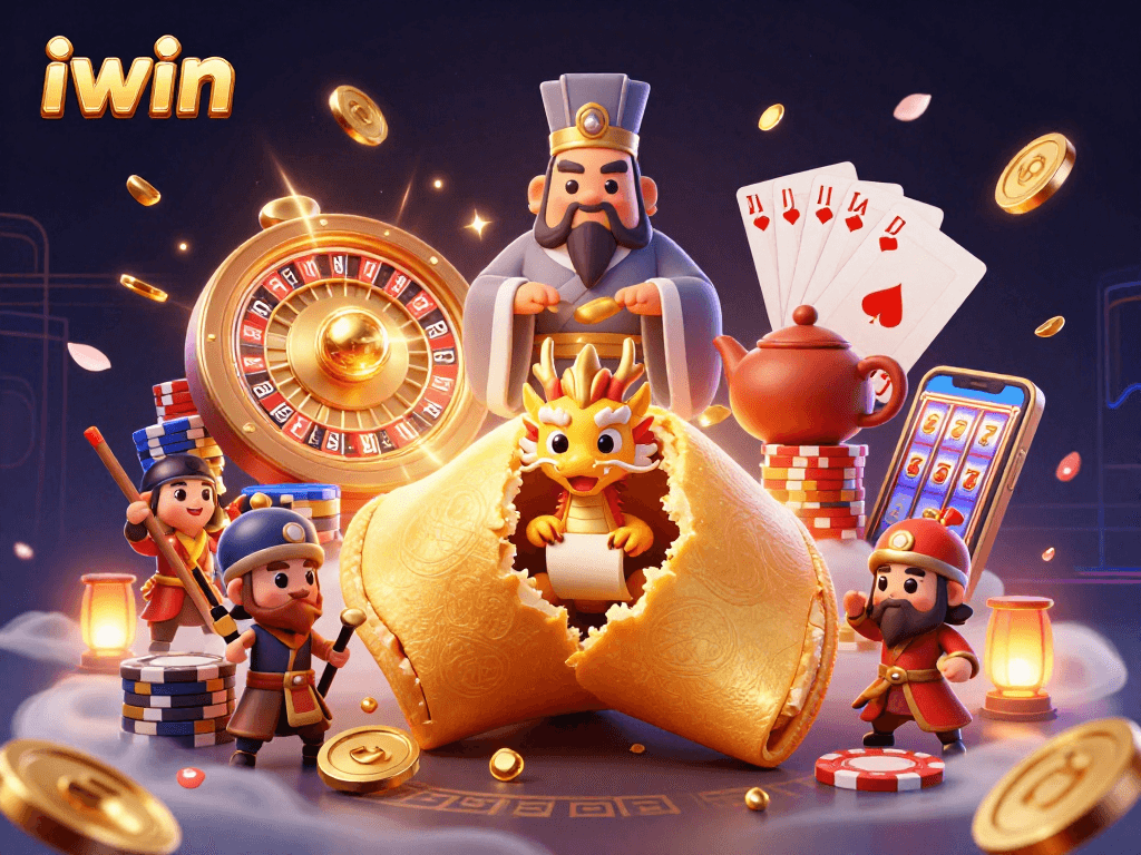 Experience exciting casino adventures with iwin, featuring golden fortune cookies and dazzling game elements.