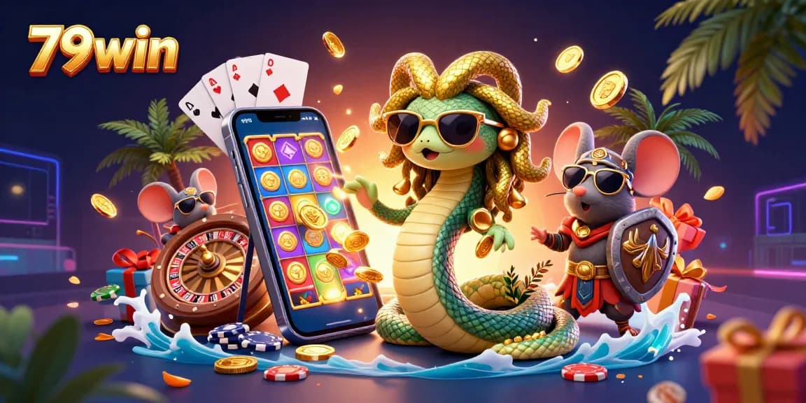 Play thrilling slots at 79win with golden coins and dynamic casino characters.