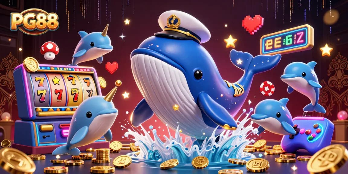 Join the fun at PG88 with the whale captain and dolphin friends playing slots and poker in a vibrant casino