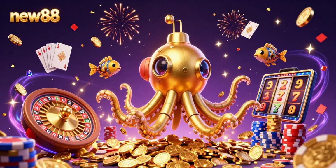 Experience the excitement of new88 with a golden kraken submarine amidst golden coins and casino elements.