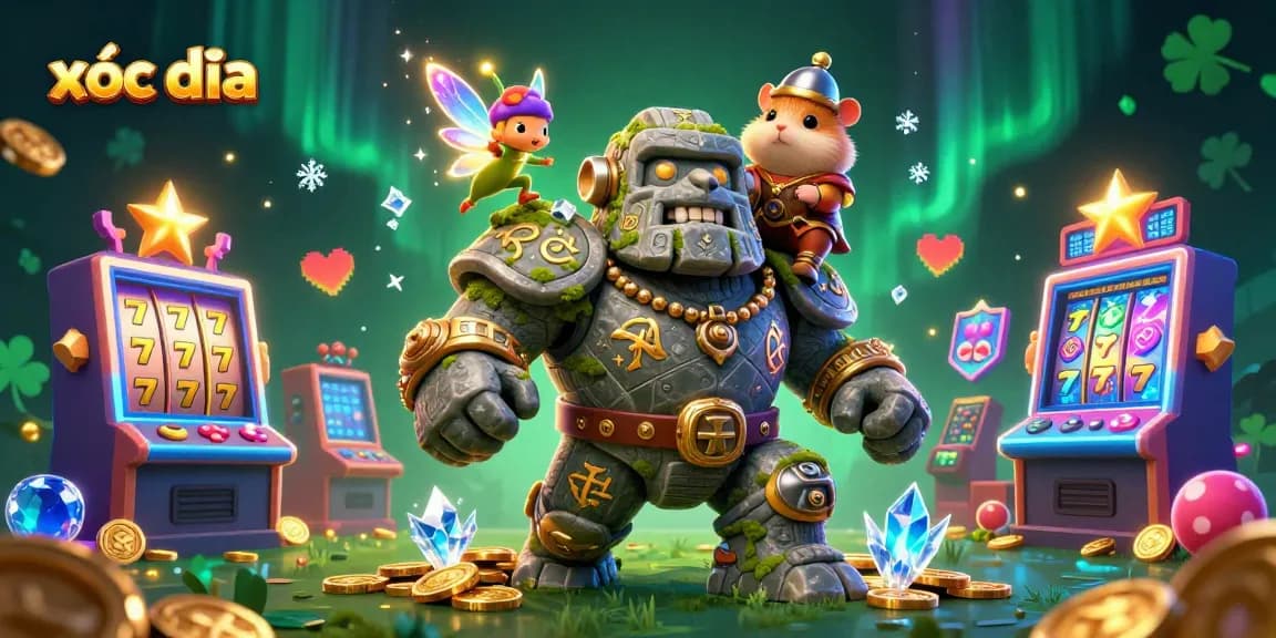 xóc đĩa slot game illustration featuring a magical golem and a hamster knight in a vibrant casino landscape.