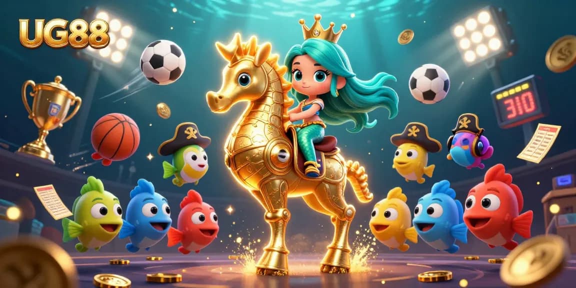 Engage with exciting games at UG88, a vibrant underwater themed casino adventure illustration.