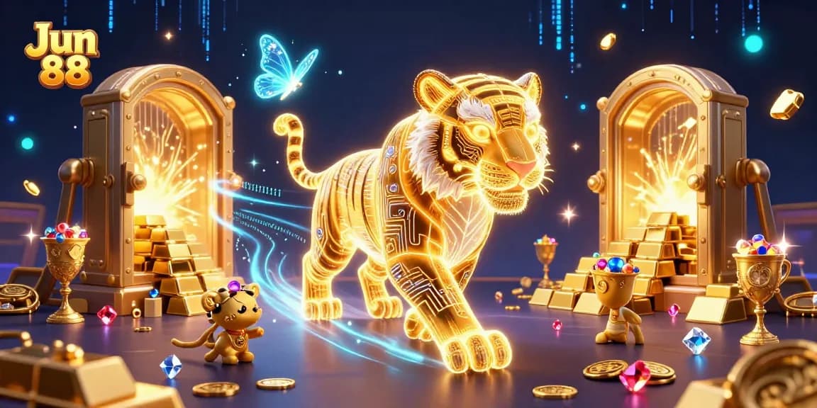 Join the vibrant digital gaming experience at Jun 88, featuring a neon tiger and treasures amidst glimmering casino elements.