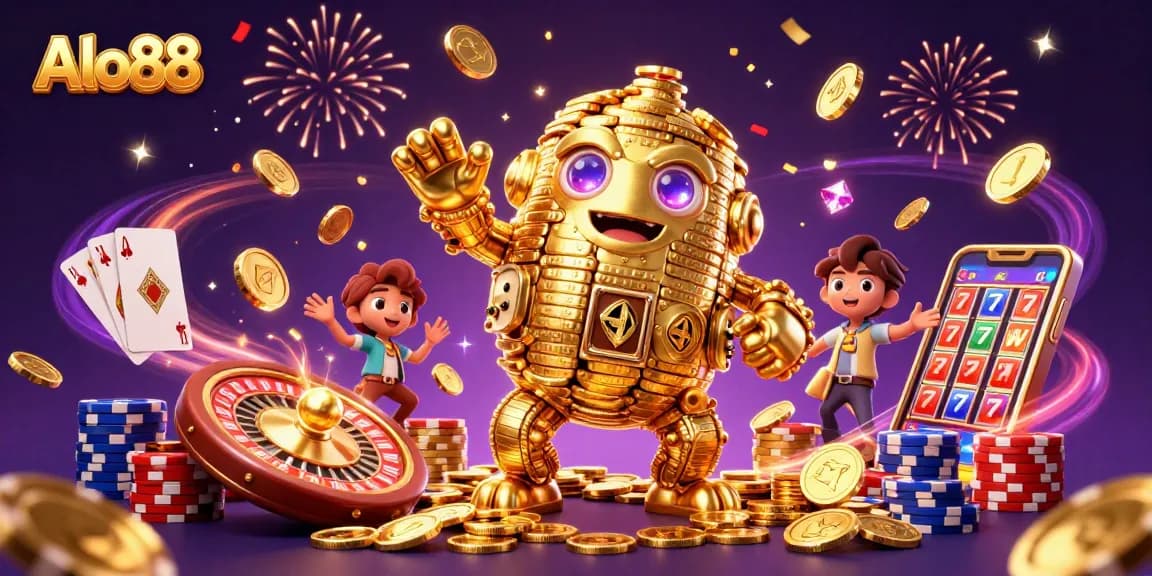 Alo88 players winning big with a dynamic scene of a golden golem and casino elements.