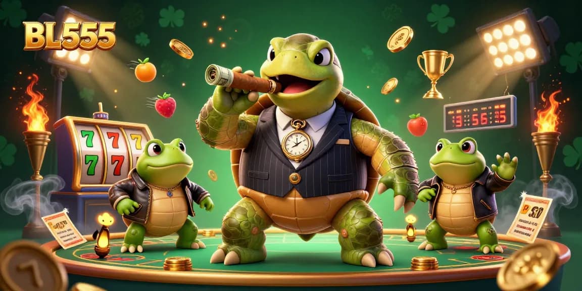Experience the thrill of winning at BL555 with a cartoon turtle in a casino setting.