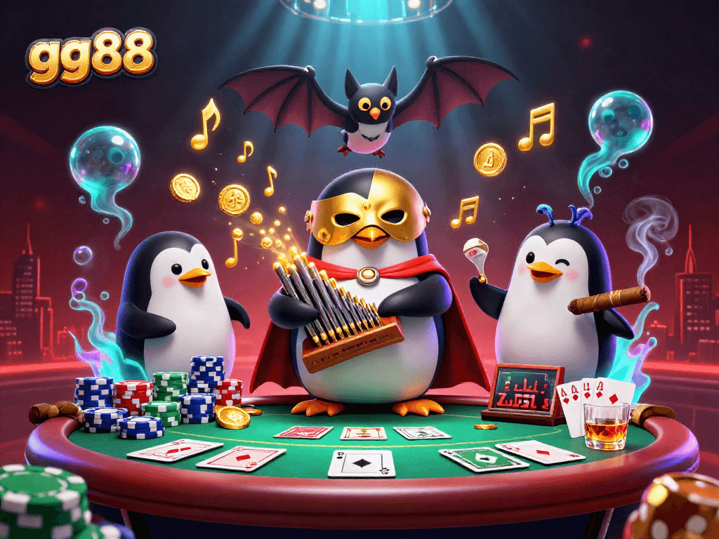 Play poker with gg88 featuring a penguin and bat acrobat amidst a rich, vibrant casino scene.