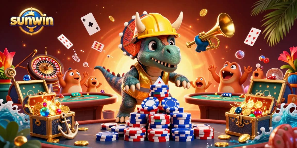 Join sunwin for an exciting poker experience with vibrant triceratops and casino elements.
