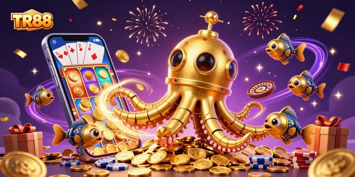 Experience the thrilling world of TR88 with a 3D golden kraken and vibrant slots illustrated in a rich scene.