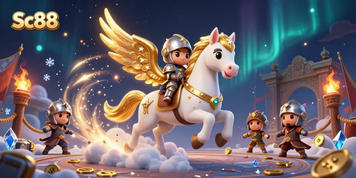 Experience thrilling wins at Sc88 with a dynamic scene featuring a celestial horse and knight amidst gaming elements.