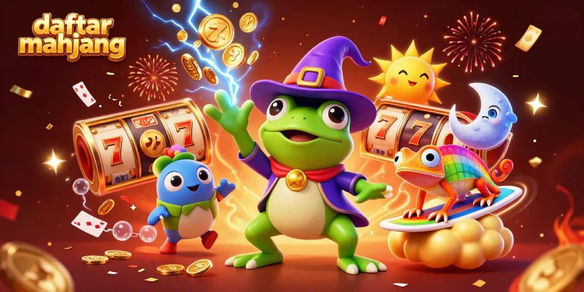 Experience daftar mahjong with a vibrant illustration of a wizard frog and chameleon amidst golden coins and dynamic slot elements.