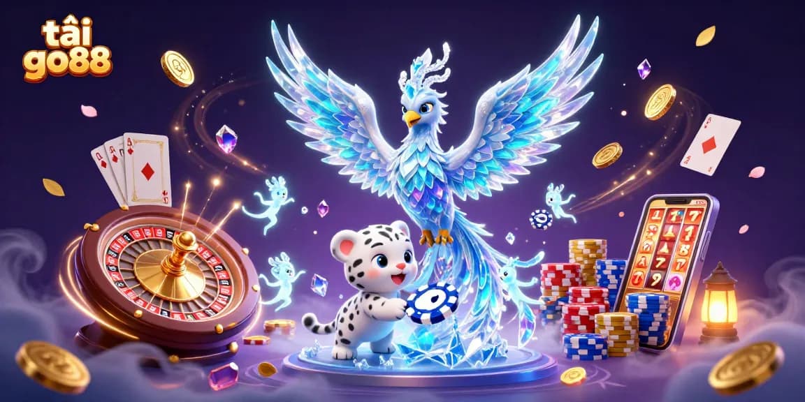 Experience excitement and thrill at tải go88 with our vibrant 3D casino scene featuring a magic phoenix and cute snow leopard!