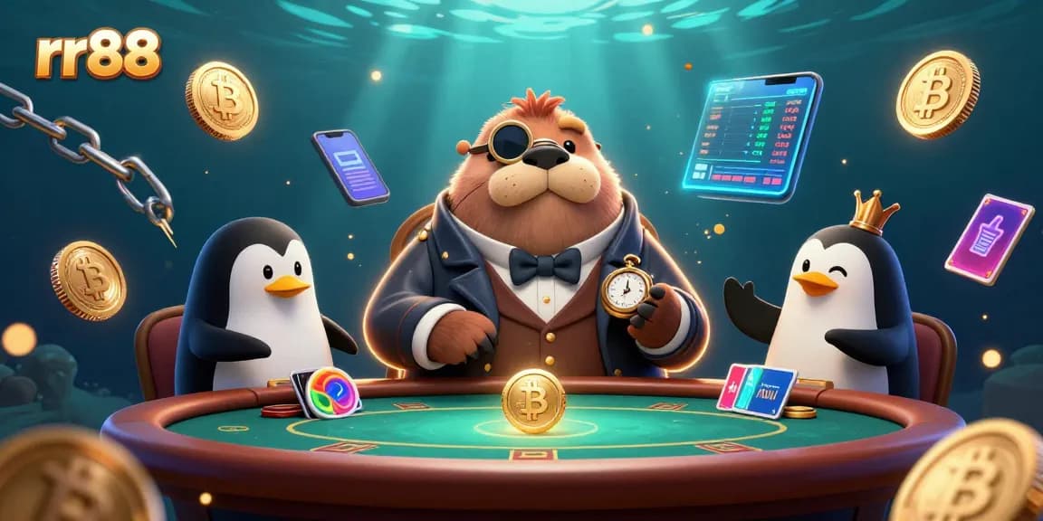 Engage with rr88 in an underwater poker game featuring playful characters and cryptocurrency elements.