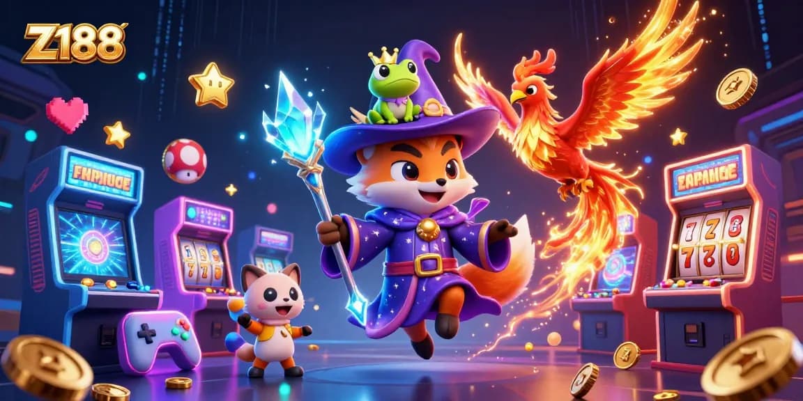 Z188 dazzles players with a magical wizard fox and phoenix showcasing vibrant slot machines in a dynamic casino illustration.