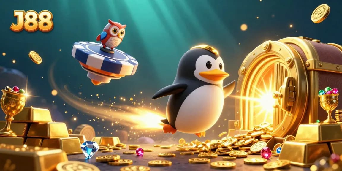 Experience fun gameplay with J88 as the golden penguin flies towards a dynamic casino station.
