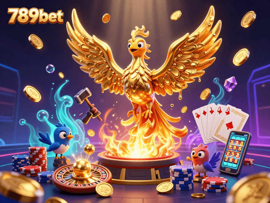 Experience the excitement of 789bet with a golden phoenix and vibrant casino elements in a rich 3D scene.