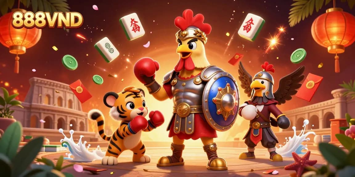 Engage in thrilling gameplay with 888VND, featuring an action-packed casino illustration.