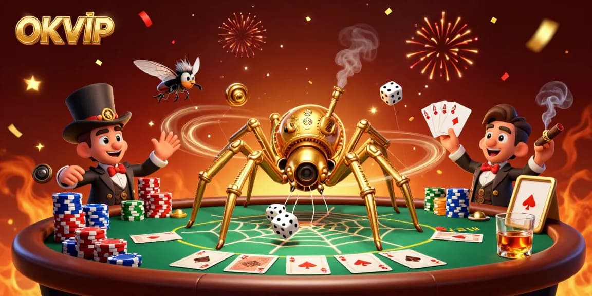 Engage in thrilling gameplay at OKVIP, where a golden spider traps dice in a vibrant casino scene.