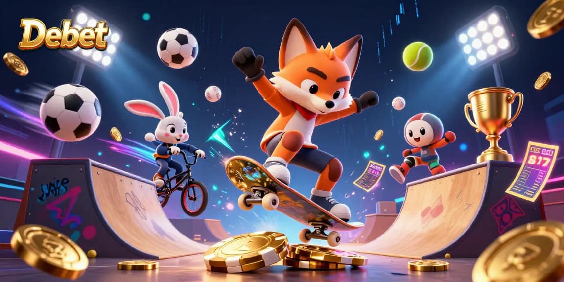Experience thrilling action with Debet as a skateboarder fox performs stunts in a vibrant casino scene.