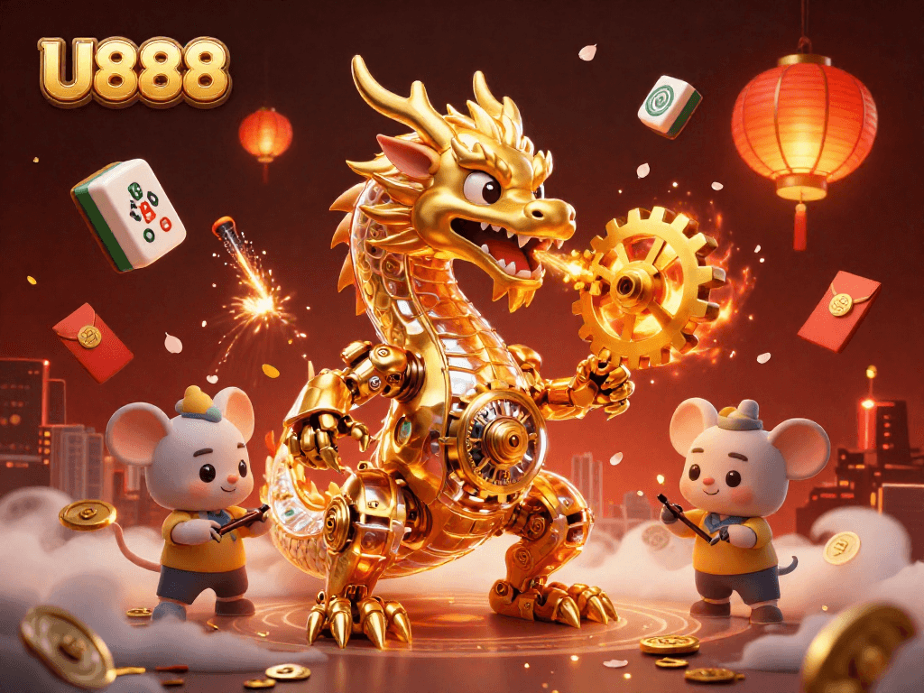 Engage with thrilling U888 online gaming featuring a biomechanical dragon amidst festive casino elements.
