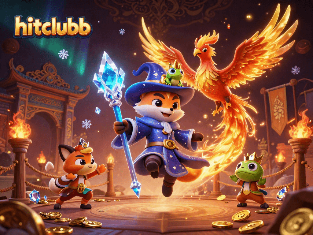 Bet on hitclubb with a magical wizard fox in a dynamic casino scene filled with gold coins and flames.