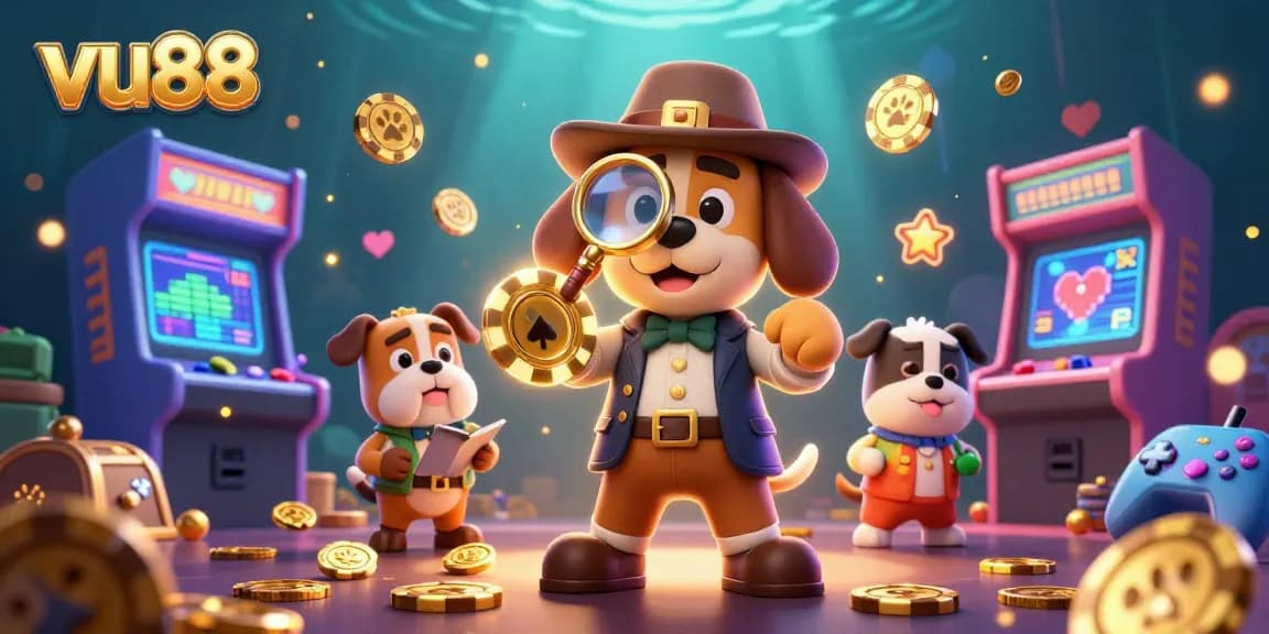 vu88 marks the clue hunt for treasures in a vibrant casino adventure scene with charming characters.