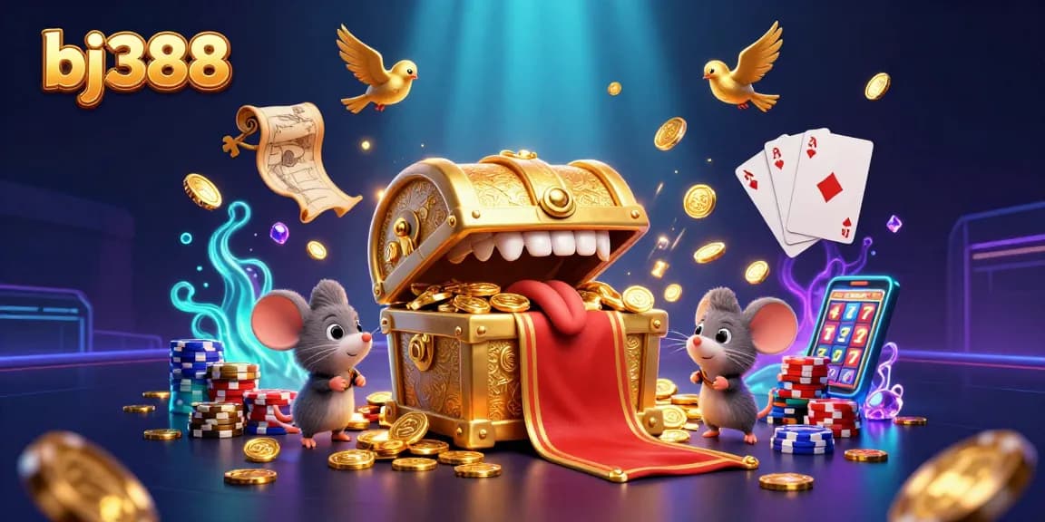 BJ388 offers thrilling adventures in a vibrant 3D casino scene with animated treasures and winning opportunities
