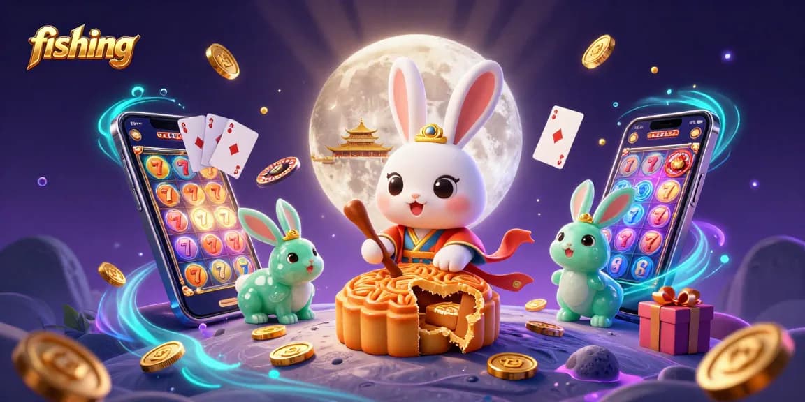 Fishing-themed casino illustration showcasing a moon rabbit, poker elements, and slot game excitement.