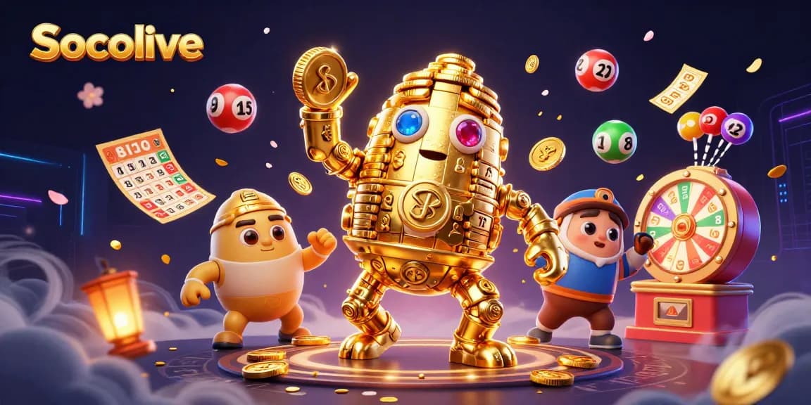 Socolive offers a comprehensive live betting experience, showcasing dynamic lottery balls and a golden golem for engaging gameplay.
