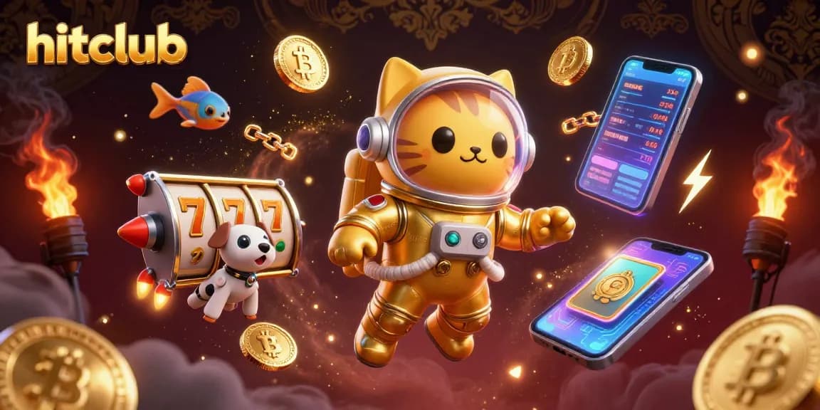 Engaging hitclub casino scene featuring a space cat and robot dog surrounded by slot reels and crypto coins.