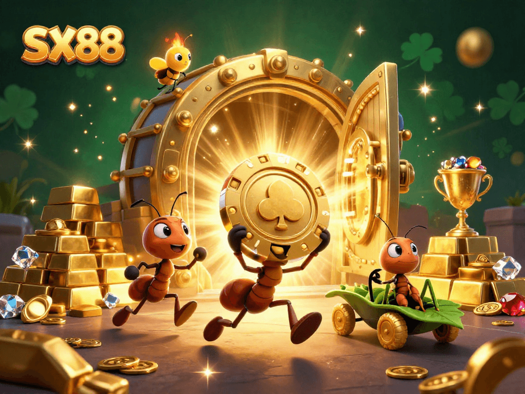 SX88 ants joyfully transport a colossal golden poker chip amidst a treasure trove of gems and gold.