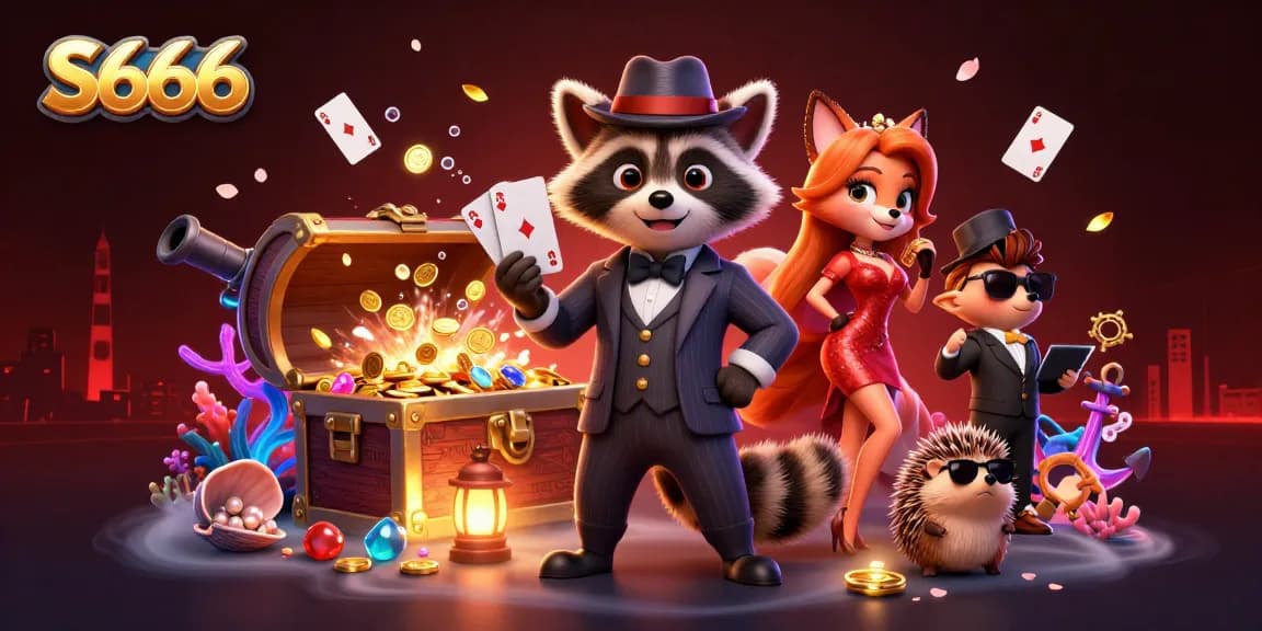 S666 showcases a suave raccoon, elegant fox, and bouncer in a vibrant 3D casino scene filled with jewels and coins.