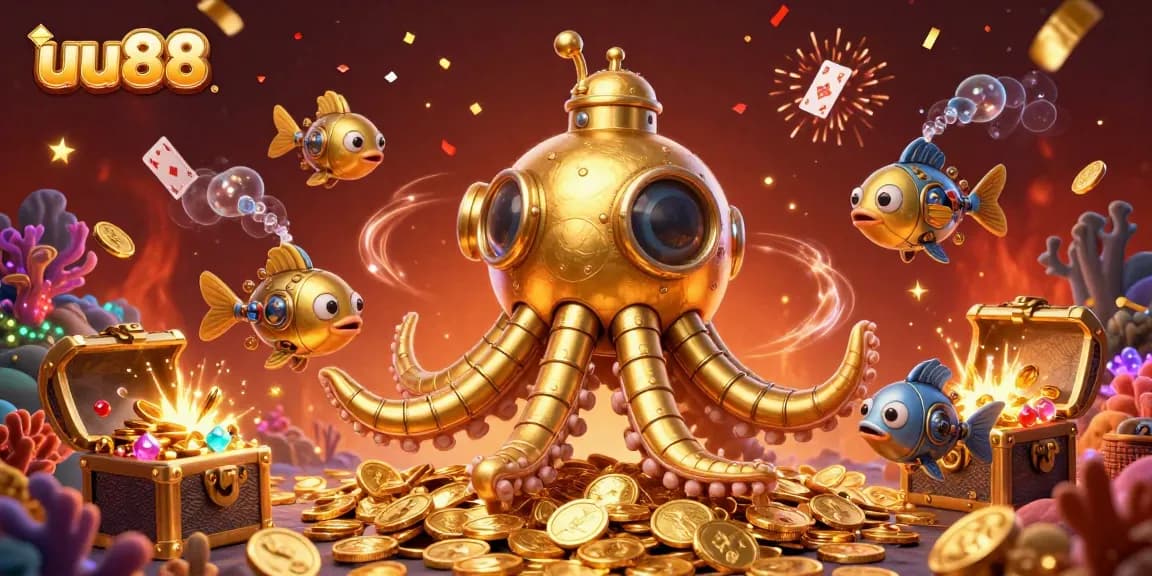 Experience thrilling action at uu88 with a vibrant illustration showcasing a golden kraken submarine and mechanical fish in a lively casino scene.
