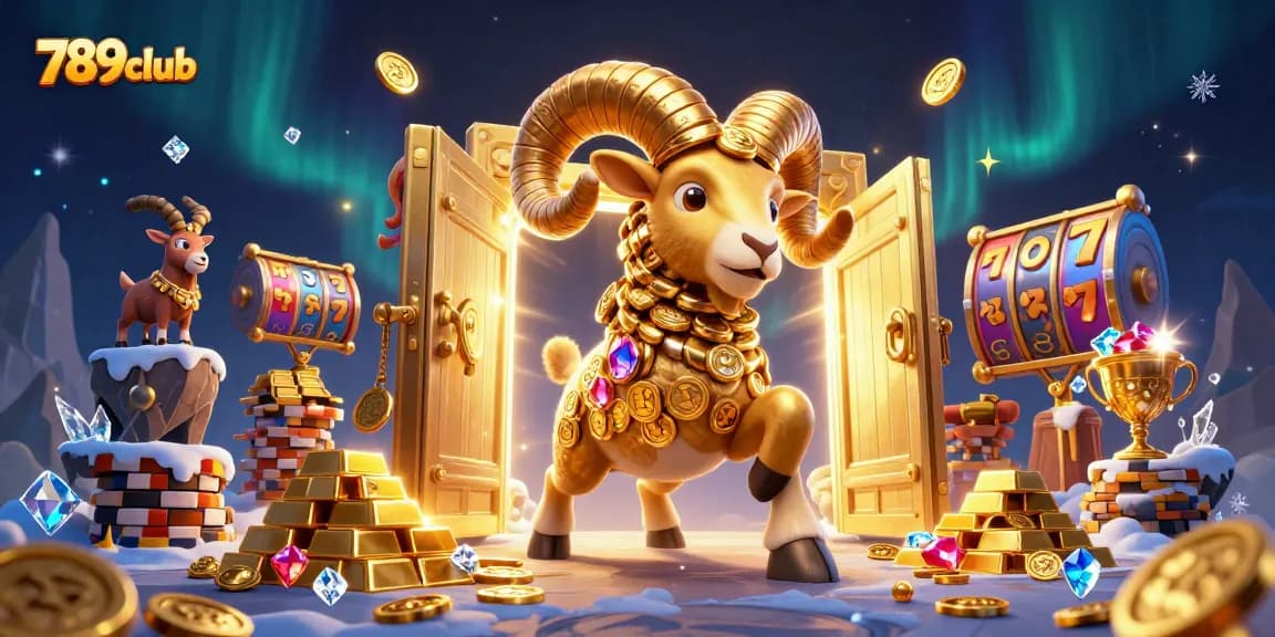Engage with 789club through a vibrant illustration of a golden ram charging towards riches in a casino setting.