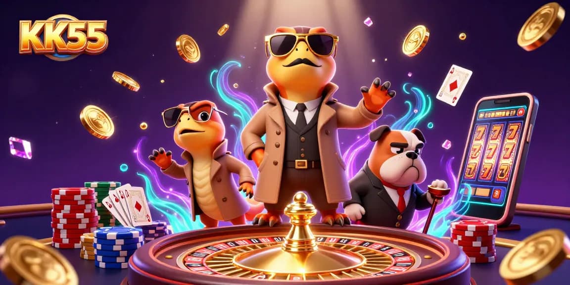 Experience thrilling gaming action at KK55 casino with raptors and a bulldog amid golden coins and slot machines.