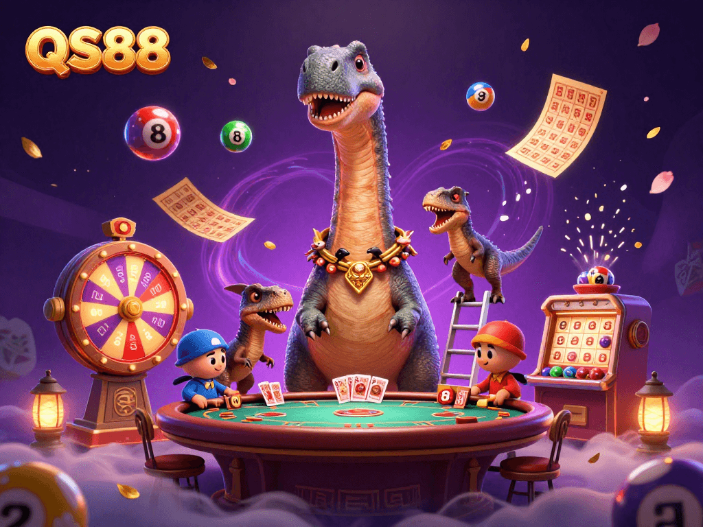 Engage with the vibrant world of QS88, where a whimsical brontosaurus interacts with a clever raptor in a dazzling casino scene.