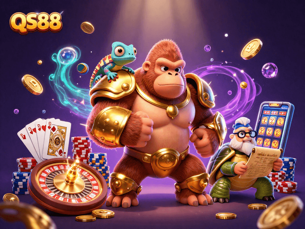 Experience the excitement of QS88 casino with 3D characters in a vibrant gambling scene.