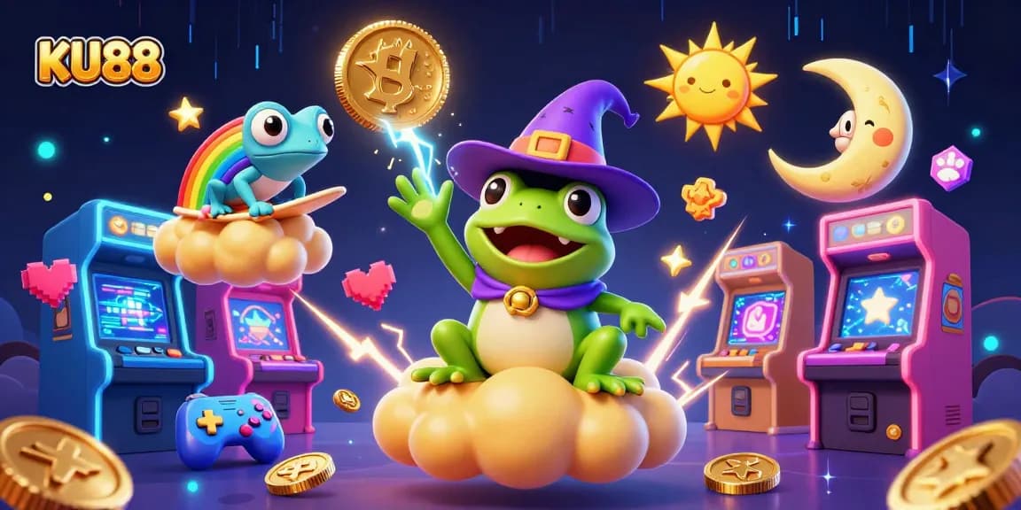 Launch into excitement with KU88, where a wizard frog unleashes golden coin storms amid vibrant casino visuals.