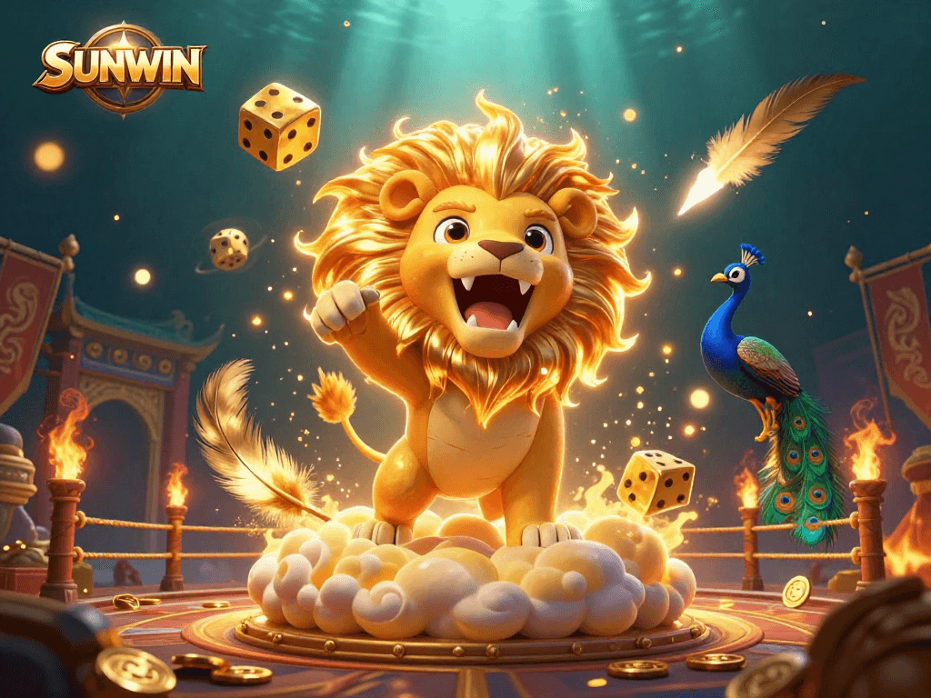 SUNWIN offers a vibrant scene of dynamic casino action with a roaring sun lion and golden game elements.