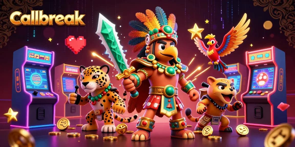 Experience thrilling Callbreak gameplay with a vibrant scene showcasing 3D characters and arcade elements in a casino setting.