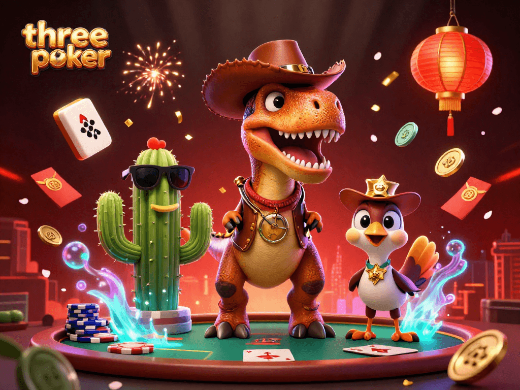 Engage in three card poker excitement with a vibrant 3D cartoon scene featuring a T-Rex and friends.