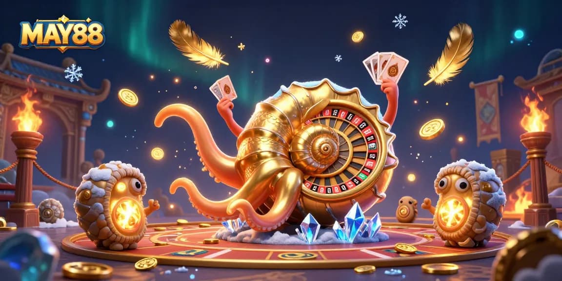 MAY88 showcases a vibrant 3D casino scene with a nautilus wheel and golden cards.