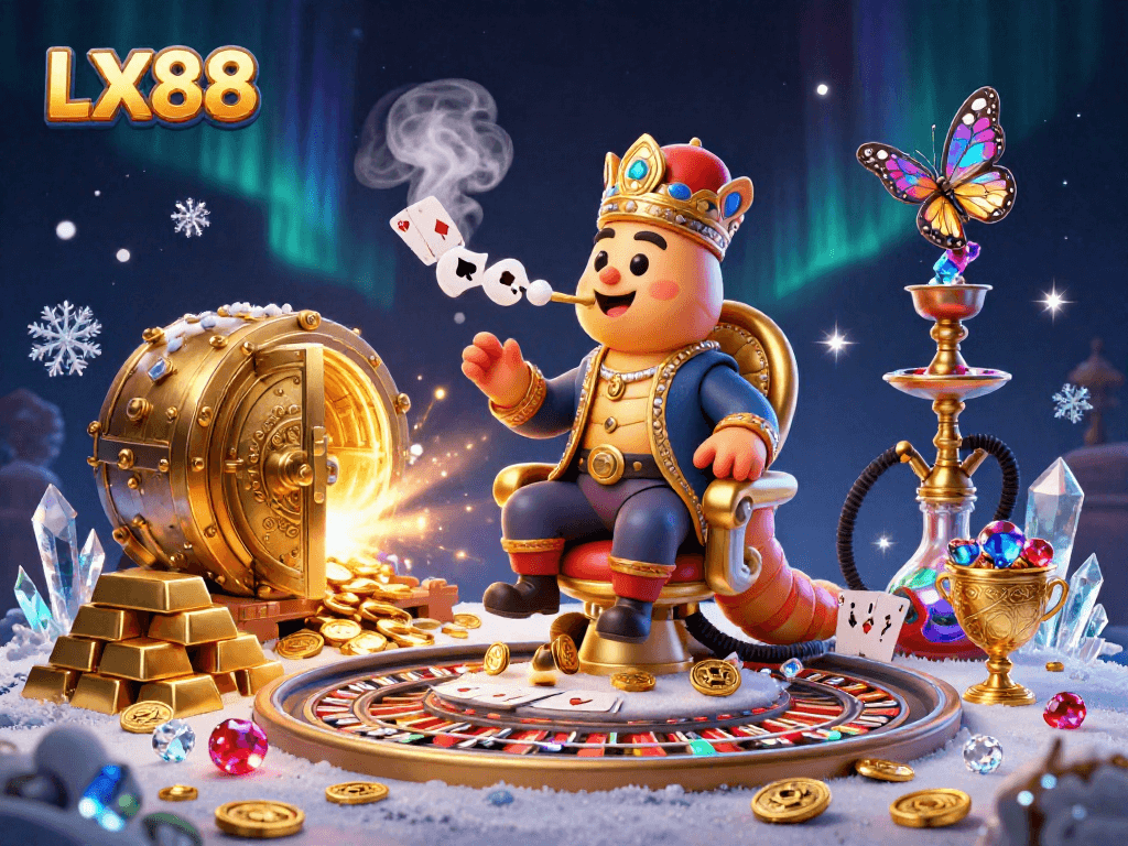 Engage in thrilling gaming action at LX88 with a vibrant 3D casino scene full of riches.