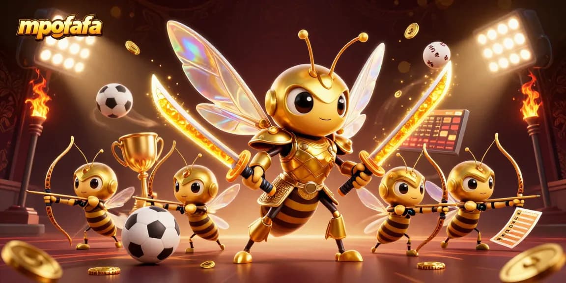 Engage with mpofafa's vibrant gaming scene featuring a giant hornet warrior amongst dynamic sports elements