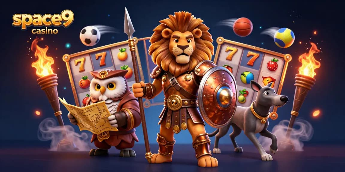 Experience thrilling games at space9 casino with a 3D Spartan lion, owl, and greyhound in action!