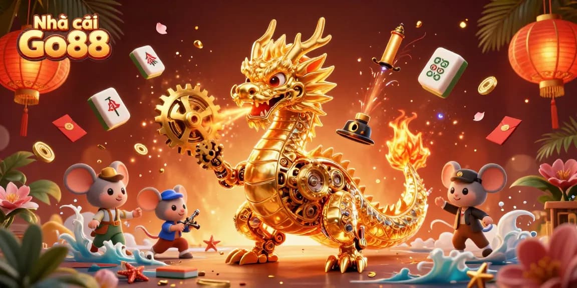 Experience the thrill at Nhà cái Go88 with a golden dragon and vibrant casino elements.