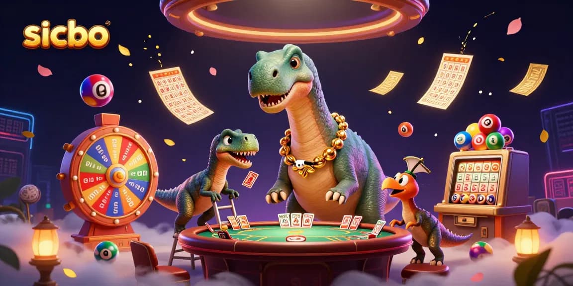 Experience the excitement of sicbo as the brontosaurus watches over a raptor dealing cards.
