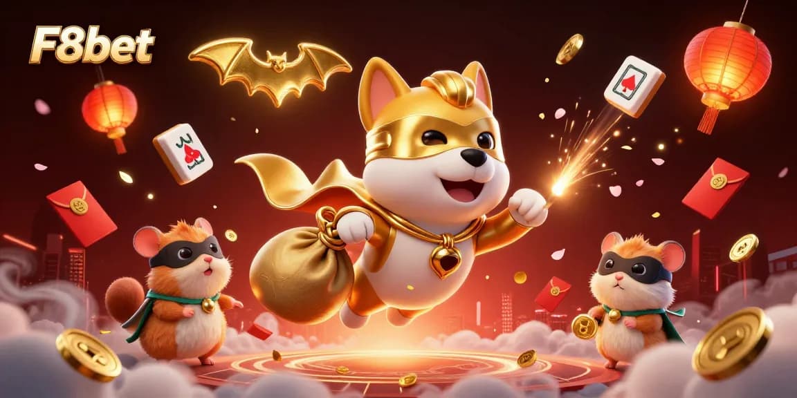 Engage with F8bet's thrilling games as our superhero dog flies with gold coins against a vibrant casino backdrop.
