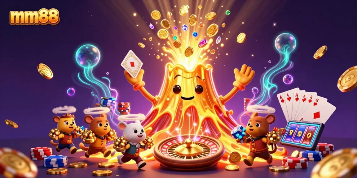 Experience the thrill of mm88's golden volcano eruption, surrounded by gems and casino excitement.